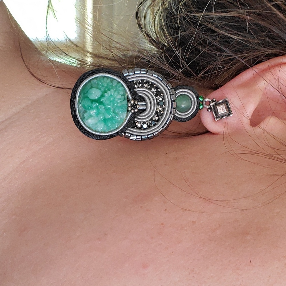 Handmade Soutache embroidered earrings with carved green Stone